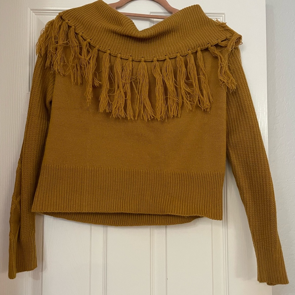 Cozy Fringed Cowl Neck Sweater in Mustard